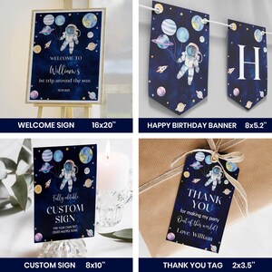 Pu&ograve; includere: Un set per feste a tema spaziale che include un cartello di benvenuto di 40,6x50,8 cm, uno striscione di 20,3x13,2 cm, un cartello di 20,3x25,4 cm e un'etichetta di 5,1x8,9 cm. Ogni elemento mostra un astronauta, pianeti e stelle su sfondo blu.