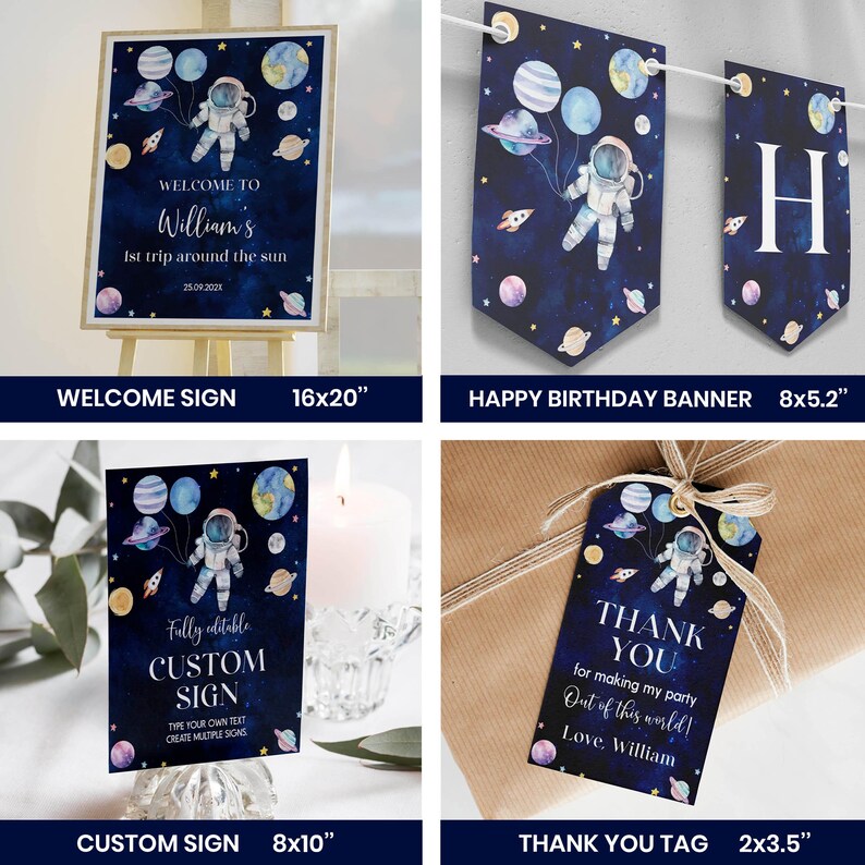 Pu&ograve; includere: Un set per feste a tema spaziale che include un cartello di benvenuto di 40,6x50,8 cm, uno striscione di 20,3x13,2 cm, un cartello di 20,3x25,4 cm e un'etichetta di 5,1x8,9 cm. Ogni elemento mostra un astronauta, pianeti e stelle su sfondo blu.