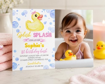 May include: A rectangular birthday invitation card featuring a yellow rubber duck with a pink bow, blue watercolour bubbles, and the text Splish Splash Join Us For Sophia's 1st Birthday Bash, including date, time, location, and RSVP details.