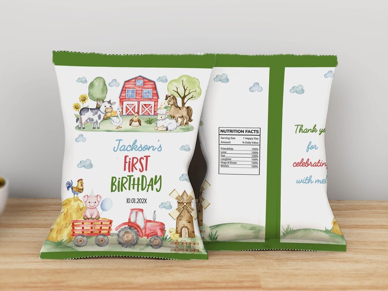 EDITABLE Farm Birthday Chip Bags, Barnyard Birthday Treat Bag, Farm Birthday Party Favor, Printable Template, Instant Download