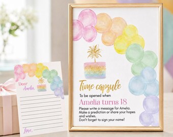 EDITABLE Pastel First Birthday Time Capsule Sign & Note Cards, Pastel Rainbow Birthday Time Capsule, Rainbow 1st Birthday Decor. P010