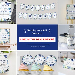 Pu&ograve; includere: Una collezione di articoli per feste a tema sottomarino che include un invito, uno striscione di buon compleanno, cartelli di benvenuto, etichette per bottiglie, etichette di ringraziamento, decorazioni per cupcake e segnaposti per cibo.