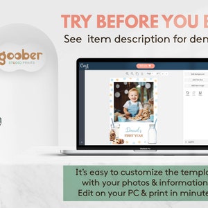 May include: A laptop screen showing a customisable template for a first birthday party invitation. The template includes a photo of a baby boy, a blue and yellow polka dot background, and the text "Daniel's First Year".