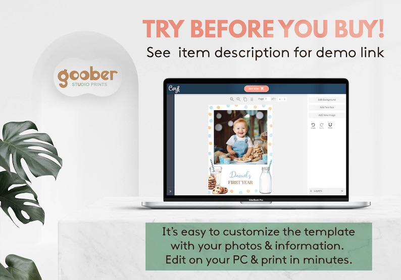 May include: A laptop screen showing a customisable template for a first birthday party invitation. The template includes a photo of a baby boy, a blue and yellow polka dot background, and the text "Daniel's First Year".