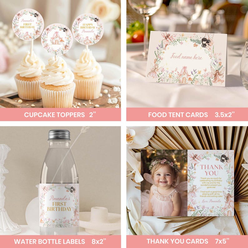 May include: A collection of party supplies for a first birthday celebration. Includes cupcake toppers, food tent cards, water bottle labels, and thank you cards. The items feature floral designs and the text "Amanda's First Birthday".