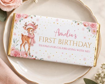 Envoltorio de chocolate Winter Onederland / Recuerdo de primer cumpleaños con ciervo / Envoltorio de barra de chocolate con flores rosas / Recuerdo de fiesta editable / D022