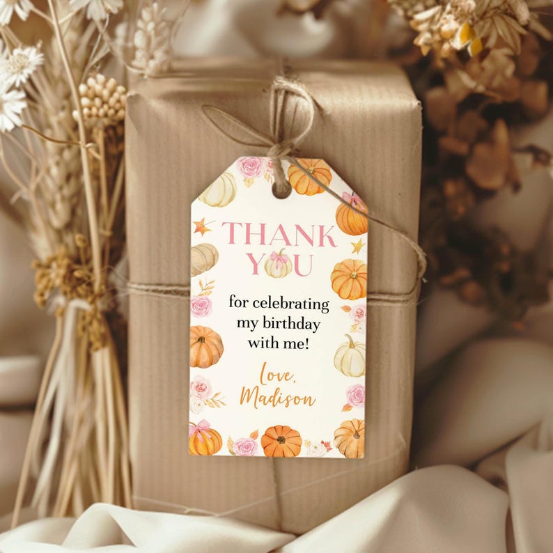 EDITABLE Little Pumpkin 1st Birthday Favor Tags, Girl Birthday Thank You Tag, Pink Bow Birthday Favor Tags, Printable Template