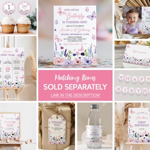 Puede incluir: Un conjunto de decoraciones de fiesta imprimibles para un primer cumplea&ntilde;os con tem&aacute;tica de mariposa. Las decoraciones incluyen un cartel de bienvenida, una pancarta, adornos para cupcakes, una etiqueta de agradecimiento, una etiqueta para botella de agua y un cartel con una lista de cosas que el beb&eacute; puede hacer. Las decoraciones son de color rosa, morado y verde con un dise&ntilde;o de mariposa de acuarela.