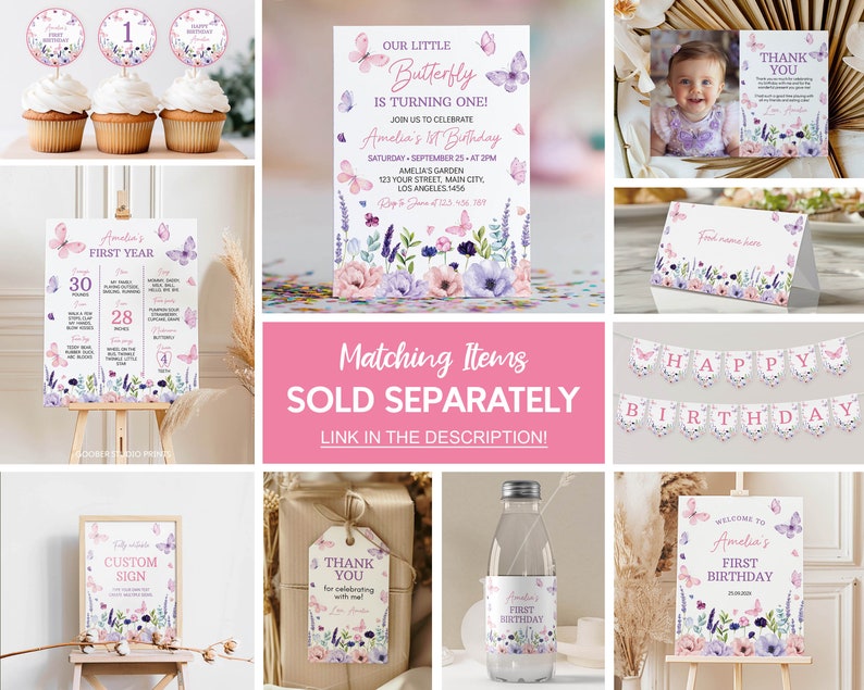 Puede incluir: Un conjunto de decoraciones de fiesta imprimibles para un primer cumplea&ntilde;os con tem&aacute;tica de mariposa. Las decoraciones incluyen un cartel de bienvenida, una pancarta, adornos para cupcakes, una etiqueta de agradecimiento, una etiqueta para botella de agua y un cartel con una lista de cosas que el beb&eacute; puede hacer. Las decoraciones son de color rosa, morado y verde con un dise&ntilde;o de mariposa de acuarela.