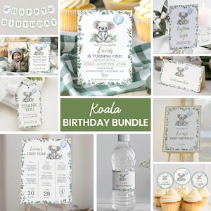 Editable Koala Birthday Invitation Kit, Koala Birthday Invitation Bundle, Australian Animal Birthday Party Package, Printable Template. K001