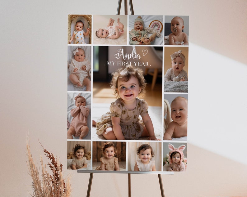 May include: A collage of photos of a baby girl celebrating her first birthday. The photos are arranged in a grid pattern and feature the baby in various poses and outfits. The text "Amelia. My First Year." is written in a cursive font at the top of the collage.