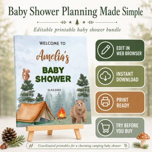 Little Camper Baby Shower Bundle, Camping Theme Party Decor, Woodland Baby Shower Games Set, Adventure Begin, Printable Template. C006 image 2