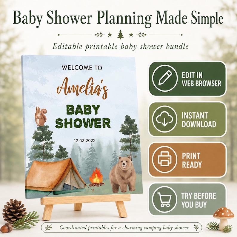 Little Camper Baby Shower Bundle, Camping Theme Party Decor, Woodland Baby Shower Games Set, Adventure Begin, Printable Template. C006 image 2