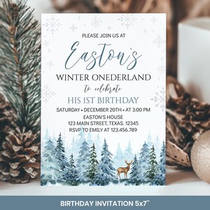 Winter Onederland Einladung Bundle, Winter 1.Geburtstag Dekor Kit, Winter Waldland Hirsch Geburtstagsparty Paket, Sofort Download. W006 Bild 2