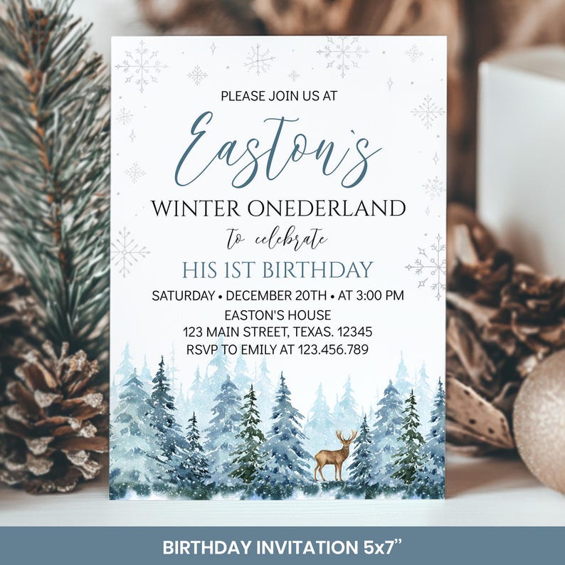 Winter Onederland Einladung Bundle, Winter 1.Geburtstag Dekor Kit, Winter Waldland Hirsch Geburtstagsparty Paket, Sofort Download. W006 Bild 2