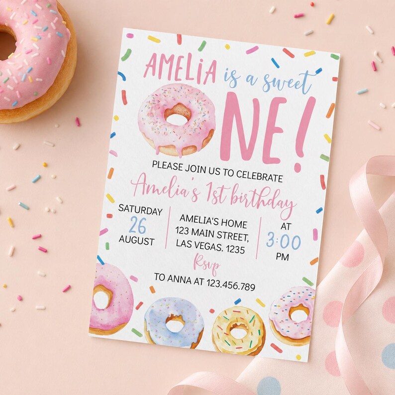 May include: A rectangular birthday invitation card featuring watercolor donut illustrations and colorful sprinkles. The text reads: AMELIA is a sweet ONE! PLEASE JOIN US TO CELEBRATE Amelia's 1st birthday SATURDAY 26 AUGUST AMELIA'S HOME 123 MAIN STREET, LAS VEGAS. 1235 AT 3:00 PM RSVP TO ANNA AT 123.456.789.
