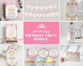 Editable Princess Party Invitation Bundle, Royal 1st Birthday Party Kit, Princess Crown Birthday Party Package, Decor Bundle. Printable C008