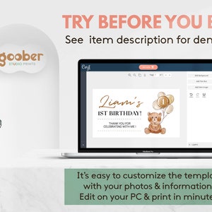 May include: A laptop screen displaying a customisable digital birthday invitation template featuring a brown teddy bear illustration, gold balloons, and the text Liam's 1ST BIRTHDAY! THANK YOU FOR CELEBRATING WITH ME! The interface includes editing tools.