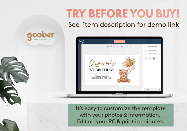 May include: A laptop screen displaying a customisable digital birthday invitation template featuring a brown teddy bear illustration, gold balloons, and the text Liam's 1ST BIRTHDAY! THANK YOU FOR CELEBRATING WITH ME! The interface includes editing tools.