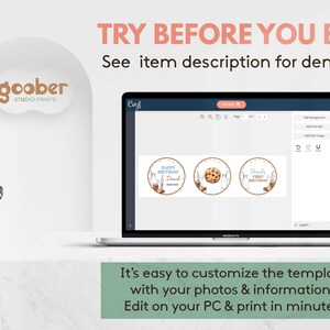 May include: A laptop screen displaying a digital design template with three circular labels featuring illustrations of milk, cookies, and text that reads Happy Birthday, David, and First Birthday. The interface includes editing tools and menus.