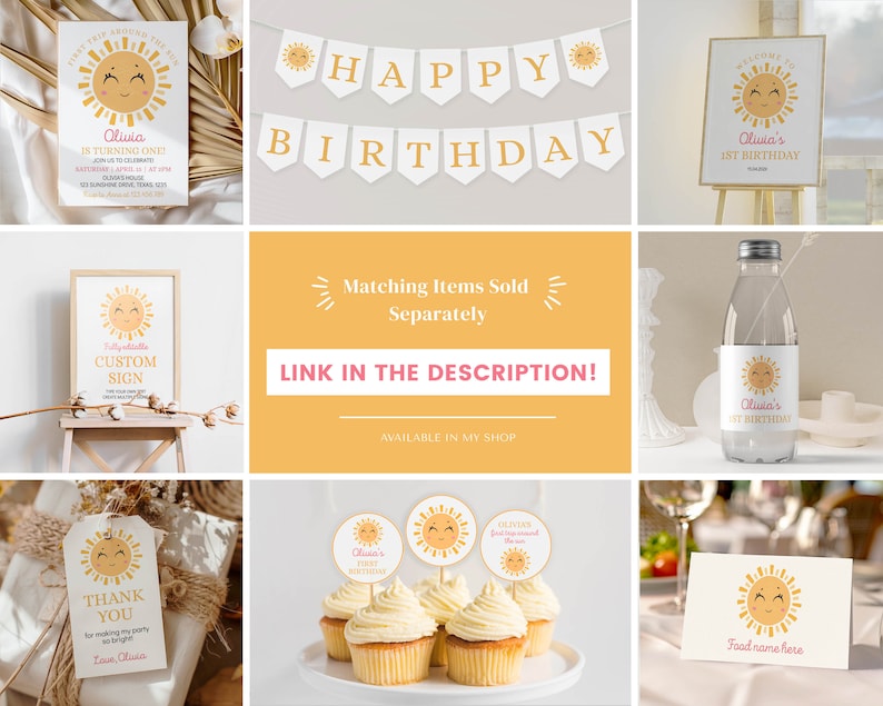 May include: A collection of birthday party supplies featuring a smiling sun graphic, including a party invitation, a Happy Birthday banner, a welcome sign, a custom sign, a water bottle label, a thank you tag, cupcake toppers, and a food name card.