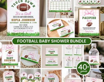 Editable Football Baby Shower Bundle, Sport Theme Pink Bow Girl Baby Shower Invitation Set, Printable Template. F009