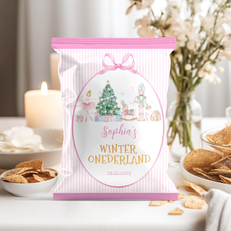 EDITABLE Winter Onederland Chip Bag Template, Girl 1st Birthday Treat Bag, Nutcracker Birthday Party Favors, Printable Template