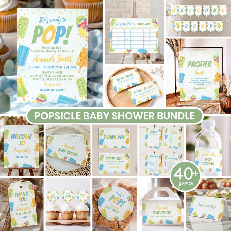 May include: A popsicle-themed baby shower stationery bundle featuring invitations, games, signs, and favor tags. The designs include colorful illustrations of fruit popsicles, pastel confetti, and text such as She's ready to POP, Pacifier Hunt, and Thank You.