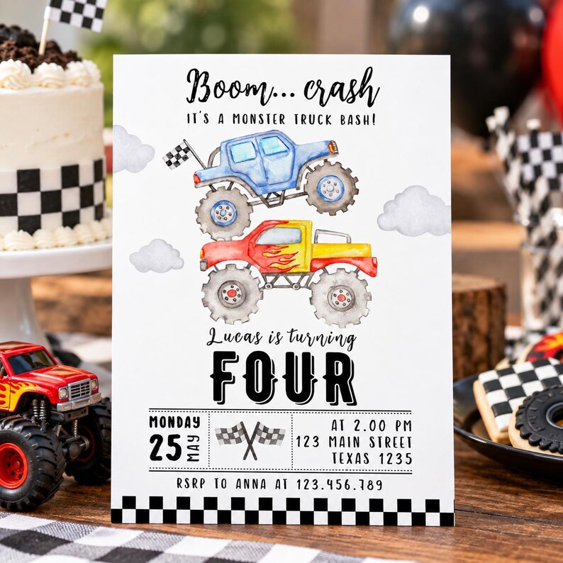 Puede incluir: Una tarjeta de invitaci&oacute;n de cumplea&ntilde;os rectangular con ilustraciones en acuarela de un cami&oacute;n monstruo azul y uno rojo, nubes grises y banderas a cuadros. El texto dice Boom... crash IT'S A MONSTER TRUCK BASH! Lucas is turning FOUR, Monday 25 May.