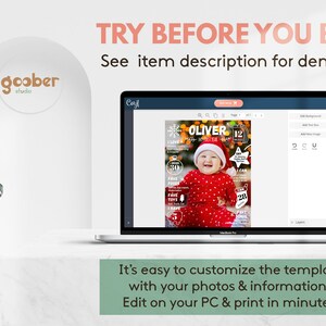 Puede incluir: Una pantalla de port&aacute;til muestra una plantilla de p&oacute;ster de hitos para beb&eacute;s con tem&aacute;tica navide&ntilde;a, con la foto de un beb&eacute; con traje rojo y gorro de Pap&aacute; Noel, incluyendo el texto TRY BEFORE YOU BUY! y See item description for demo link.