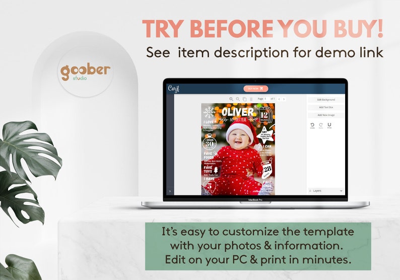 Puede incluir: Una pantalla de port&aacute;til muestra una plantilla de p&oacute;ster de hitos para beb&eacute;s con tem&aacute;tica navide&ntilde;a, con la foto de un beb&eacute; con traje rojo y gorro de Pap&aacute; Noel, incluyendo el texto TRY BEFORE YOU BUY! y See item description for demo link.