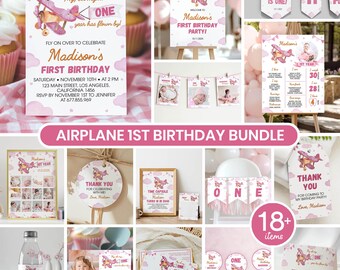 Einladungsset zum ersten Geburtstag mit Flugzeugmotiv, rosa Mädchen-Geburtstagsdeko-Set mit Flugzeugmotiv, Vorlage für ein Geburtstagspaket zum Thema „Die Zeit vergeht“. A001