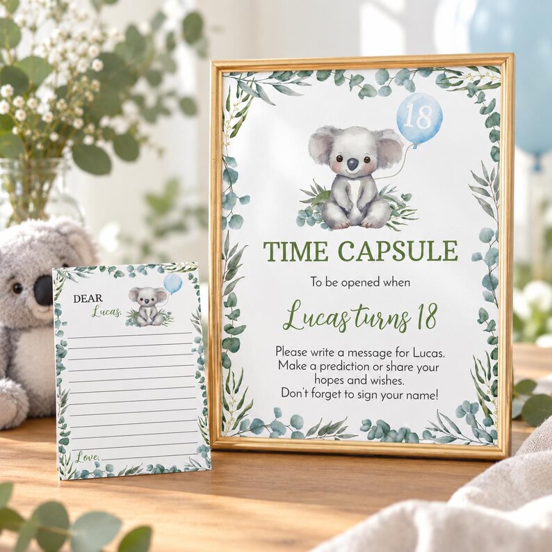 REDIGERBAR Koalas 1-årsdags-tidskapselmall, Koala-fest-tidskapselkort, australiskt djur-födelsedagsminnessak, utskrivbar. K001 bild 2
