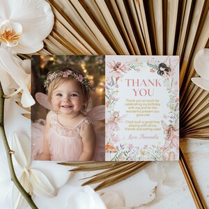 May include: A thank you card with a floral design and a photo of a young girl dressed as a fairy. The card says "Thank you" and includes the text "Thank you so much for celebrating my birthday with me and for the wonderful present you gave me! I had such a good time playing with all my friends and eating cake! Love, Amanda."