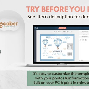 May include: A laptop displays a customizable birthday invitation template with blue hot air balloons, clouds, and text. The screen shows "OLIVER'S First Birthday" and "Thank you for celebrating with us!". The text "TRY BEFORE YOU BUY!" is at the top.