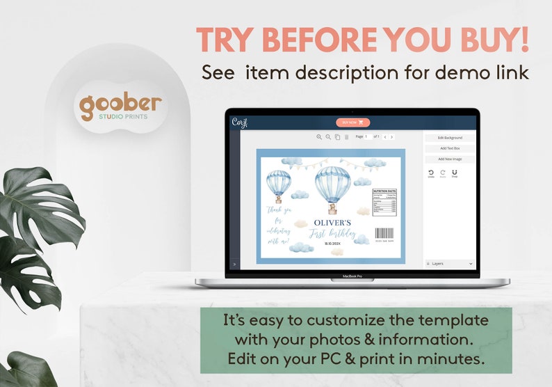 May include: A laptop displays a customizable birthday invitation template with blue hot air balloons, clouds, and text. The screen shows "OLIVER'S First Birthday" and "Thank you for celebrating with us!". The text "TRY BEFORE YOU BUY!" is at the top.