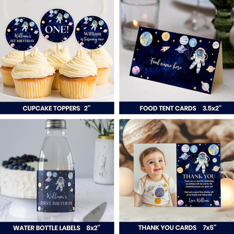 Pu&ograve; includere: Un set di articoli per feste a tema spaziale con sfondi blu scuro, pianeti, stelle e astronauti. Include decorazioni circolari per cupcake, un segnaposto per cibo, un'etichetta per bottiglia d'acqua e un biglietto di ringraziamento con testo.
