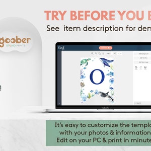 May include: A laptop screen displaying a digital template editor with the text TRY BEFORE YOU BUY! See item description for demo link. The template features a large blue letter O surrounded by watercolor illustrations of sea creatures.