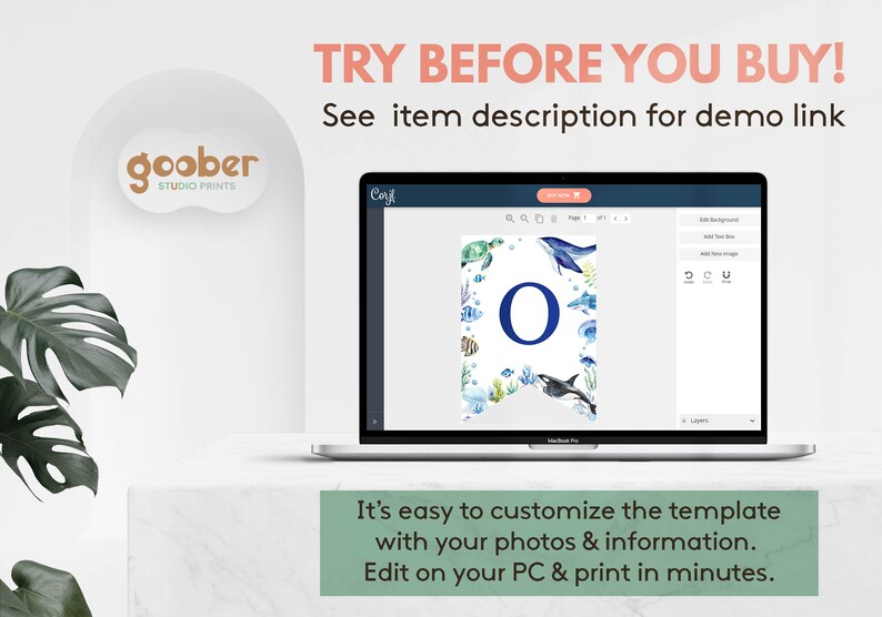 May include: A laptop screen displaying a digital template editor with the text TRY BEFORE YOU BUY! See item description for demo link. The template features a large blue letter O surrounded by watercolor illustrations of sea creatures.