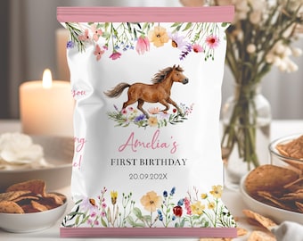 Bewerkbare sjabloon verjaardag chipzakje paard | Snoepzakje voor wilde bloemenpony | Gebloemd bedankzakje paard | Direct downloaden | H004