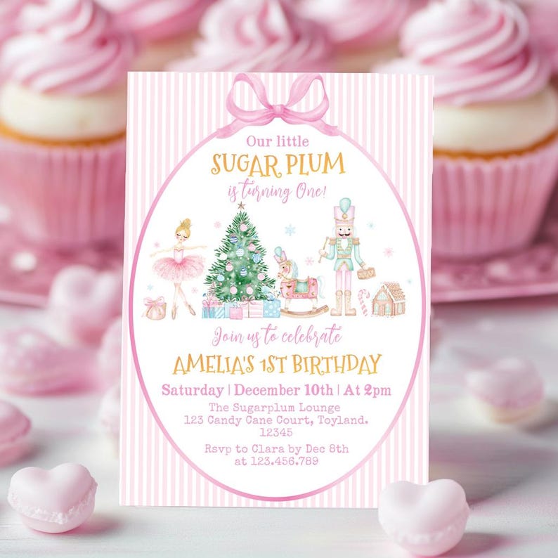 May include: A rectangular birthday invitation card with a pink and white vertical striped background. The center features a pink oval frame with a bow, containing illustrations of a ballerina, a Christmas tree, a rocking horse, and a nutcracker.
