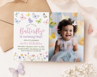 EDITABLE Butterfly Birthday Invitation, Flutter By Butterfly Party Invite, Pastel Butterfly 1st Birthday For Girl, Instant Download. B015