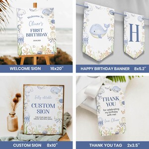 May include: A set of party decorations with a marine theme. Includes a welcome sign (40.6x50.8 cm), a banner (20.3x13.2 cm), a custom sign (20.3x25.4 cm), and thank you tags (5.1x8.9 cm). Designs feature whales, jellyfish, and other sea creatures.