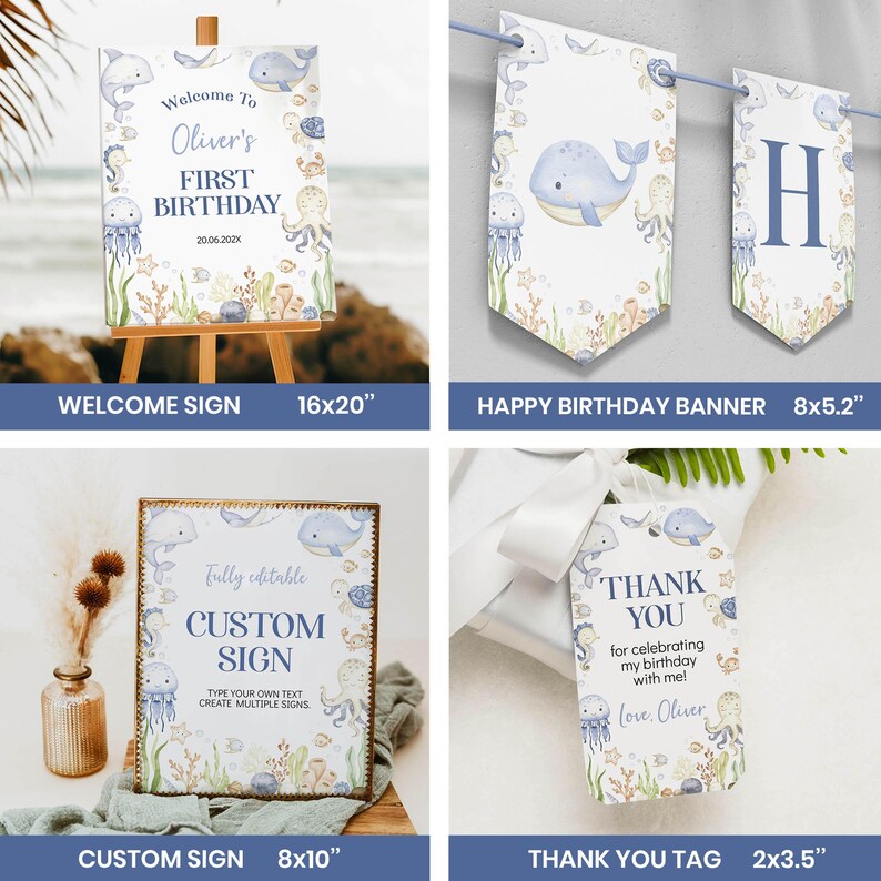 May include: A set of party decorations with a marine theme. Includes a welcome sign (40.6x50.8 cm), a banner (20.3x13.2 cm), a custom sign (20.3x25.4 cm), and thank you tags (5.1x8.9 cm). Designs feature whales, jellyfish, and other sea creatures.