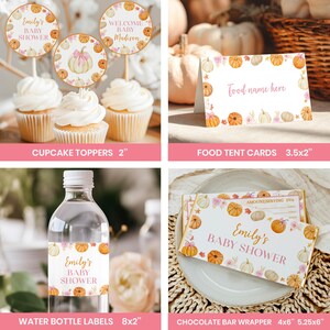 May include: A collection of baby shower decorations featuring a pumpkin theme. Includes cupcake toppers, food tent cards, water bottle labels, and chocolate bar wrappers. The designs incorporate pumpkins, floral accents, and the text "Emily's Baby Shower" and "Welcome Baby Madison".