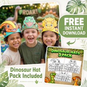May include: A set of three printable dinosaur hats featuring colorful illustrations of a parasaurolophus, a tyrannosaurus rex, and a triceratops. The pack includes black and white line art templates for DIY coloring, with dinosaur egg and footprint patterns.