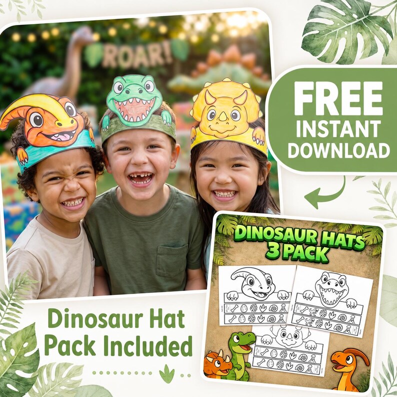 May include: A set of three printable dinosaur hats featuring colorful illustrations of a parasaurolophus, a tyrannosaurus rex, and a triceratops. The pack includes black and white line art templates for DIY coloring, with dinosaur egg and footprint patterns.