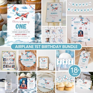 Editable Airplane Birthday Invitation Bundle, Airplane Birthday Party Decor Kit, Time Flies First Birthday Package, Instant Download. A007