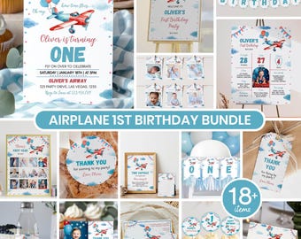Editable Airplane Birthday Invitation Bundle, Airplane Birthday Party Decor Kit, Time Flies First Birthday Package, Instant Download. A007
