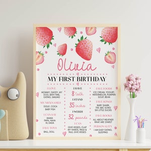 May include: A rectangular birthday milestone poster in a light wood frame featuring strawberry illustrations, pink hearts, and dots. The text includes the name Olivia, My First Birthday, and lists personal details like 8 teeth, 35 inches, and 32 pounds.